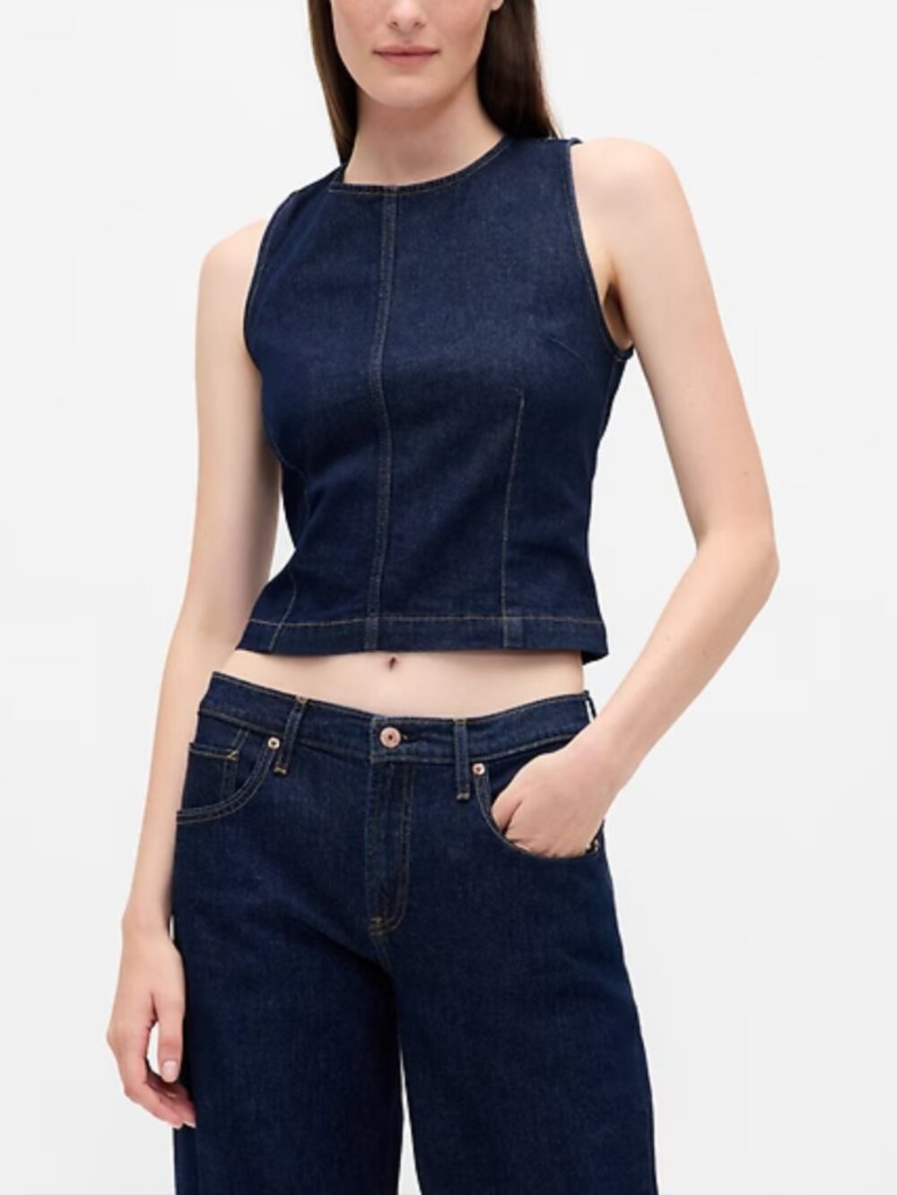 Gap Denim Crop Shell Tank, Dark Indigo Sleeveless Jean Top Zip Up Back, sz 4